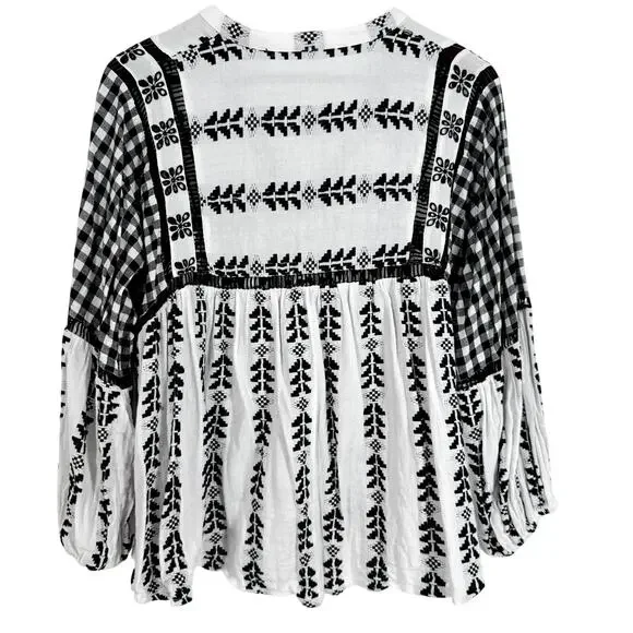Dodo Bar or Miquel Womens Sz Large Black White Embroidered Blouse Shirt Top